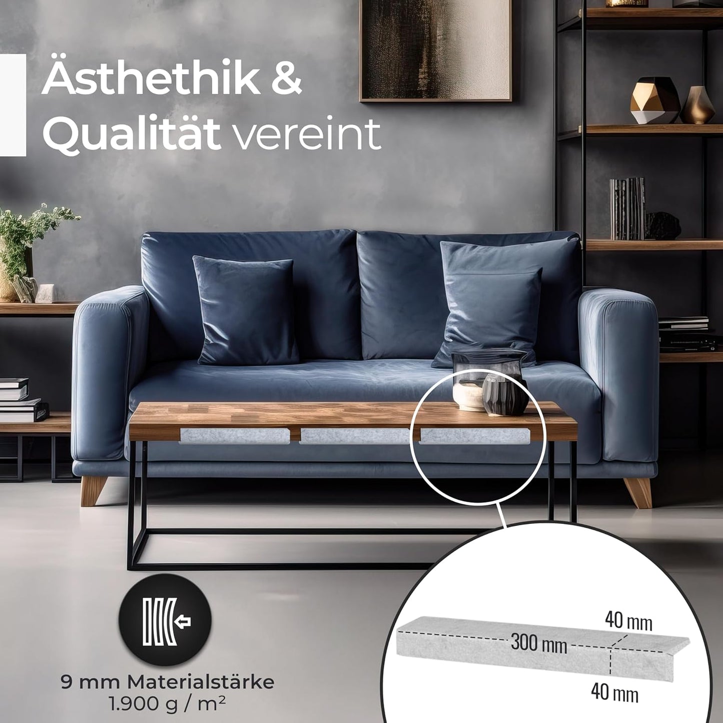 "Kantenschutz 30 cm x 4 cm – Akustikfilz grau, selbstklebend, extra stabil 9mm "