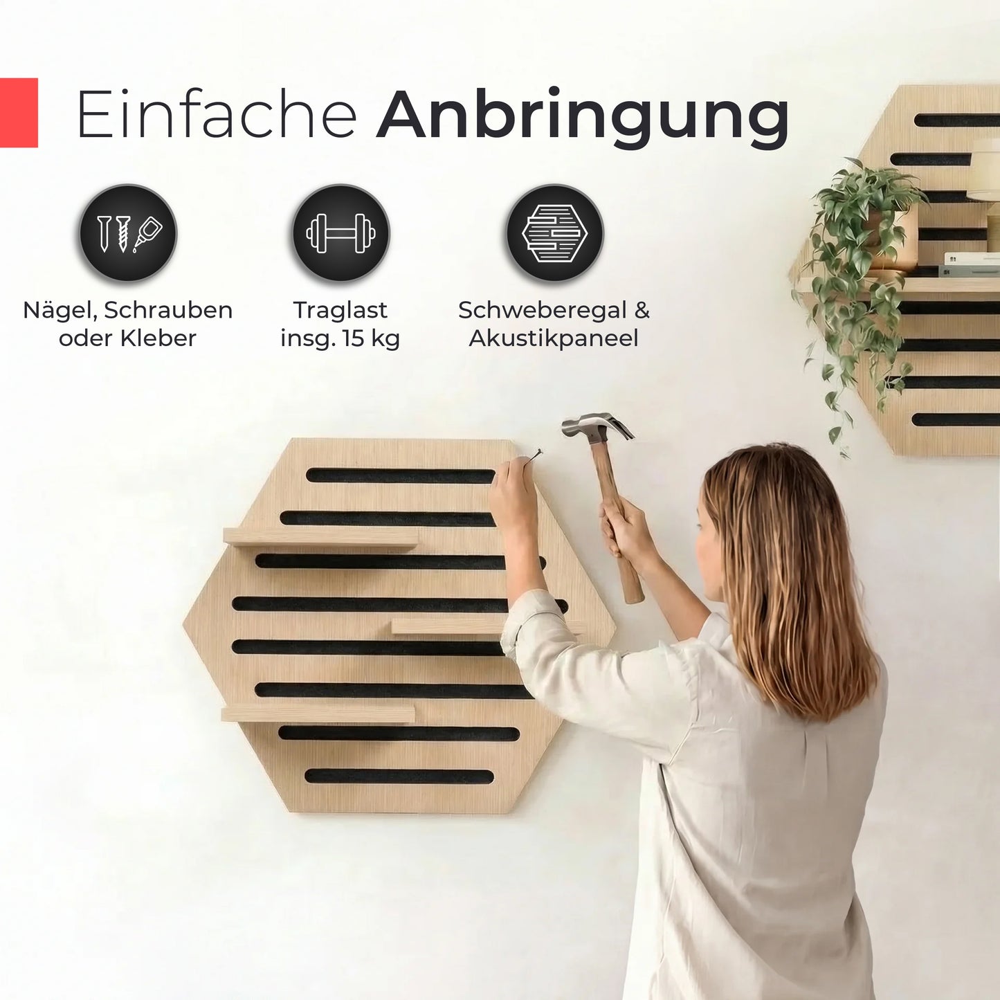Akustikpaneel Wandregal  – Echtholz Eiche & Akustikfilz Schwarz