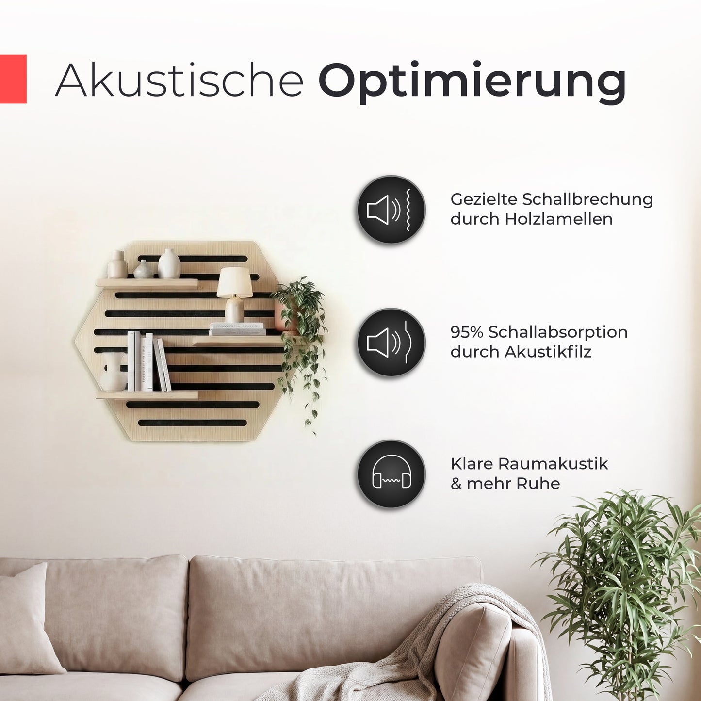 Akustikpaneel Wandregal  – Echtholz Eiche & Akustikfilz Schwarz