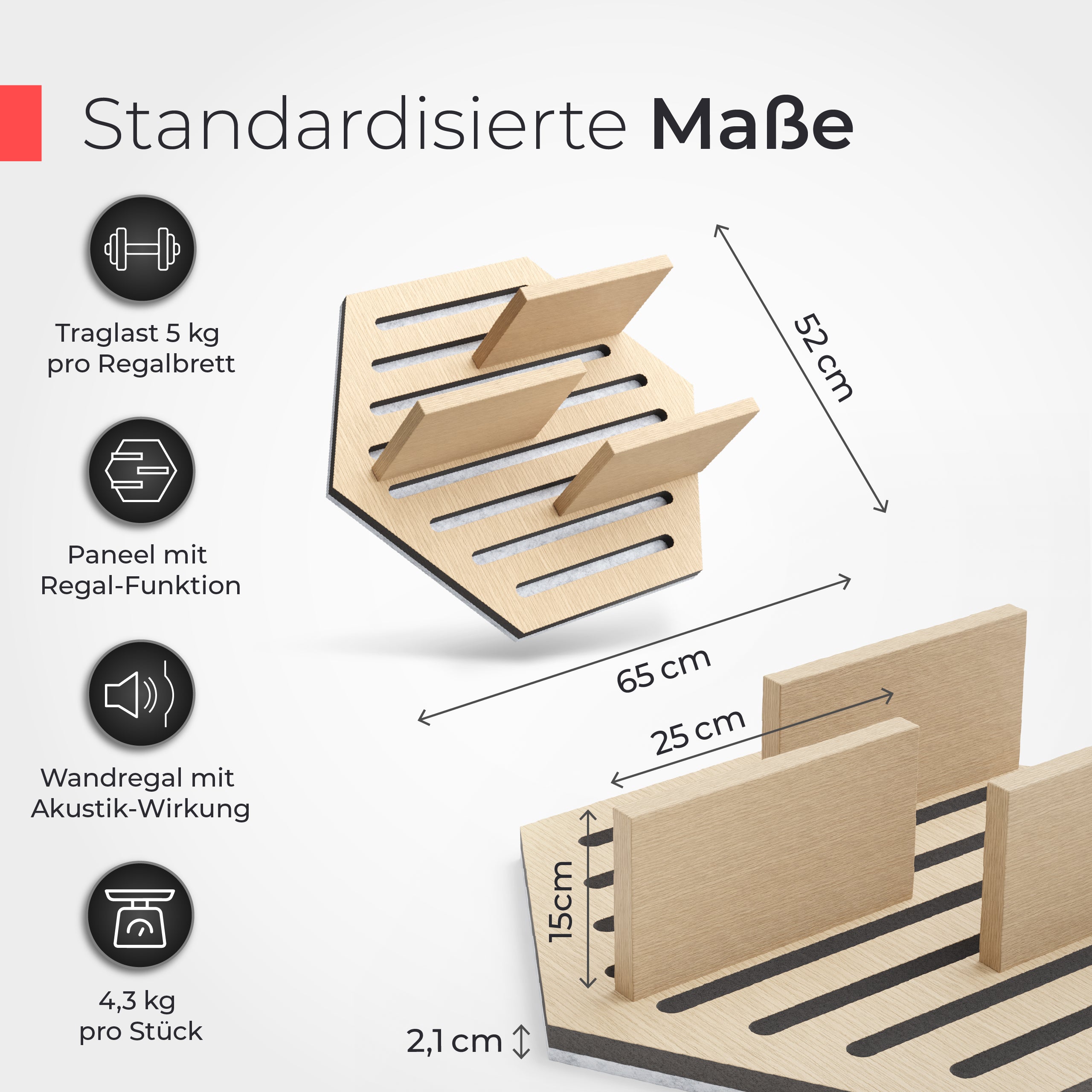 Akustikpaneel Wandregal  – Echtholz Eiche & Akustikfilz Grau