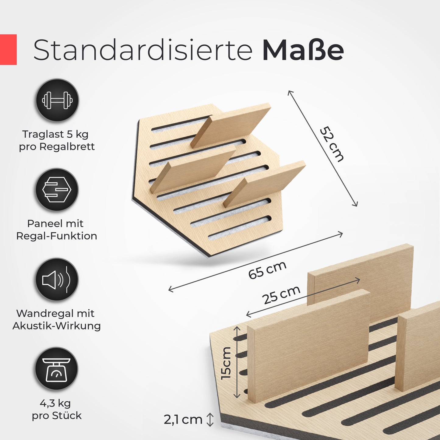 Akustikpaneel Wandregal  – Echtholz Eiche & Akustikfilz Grau