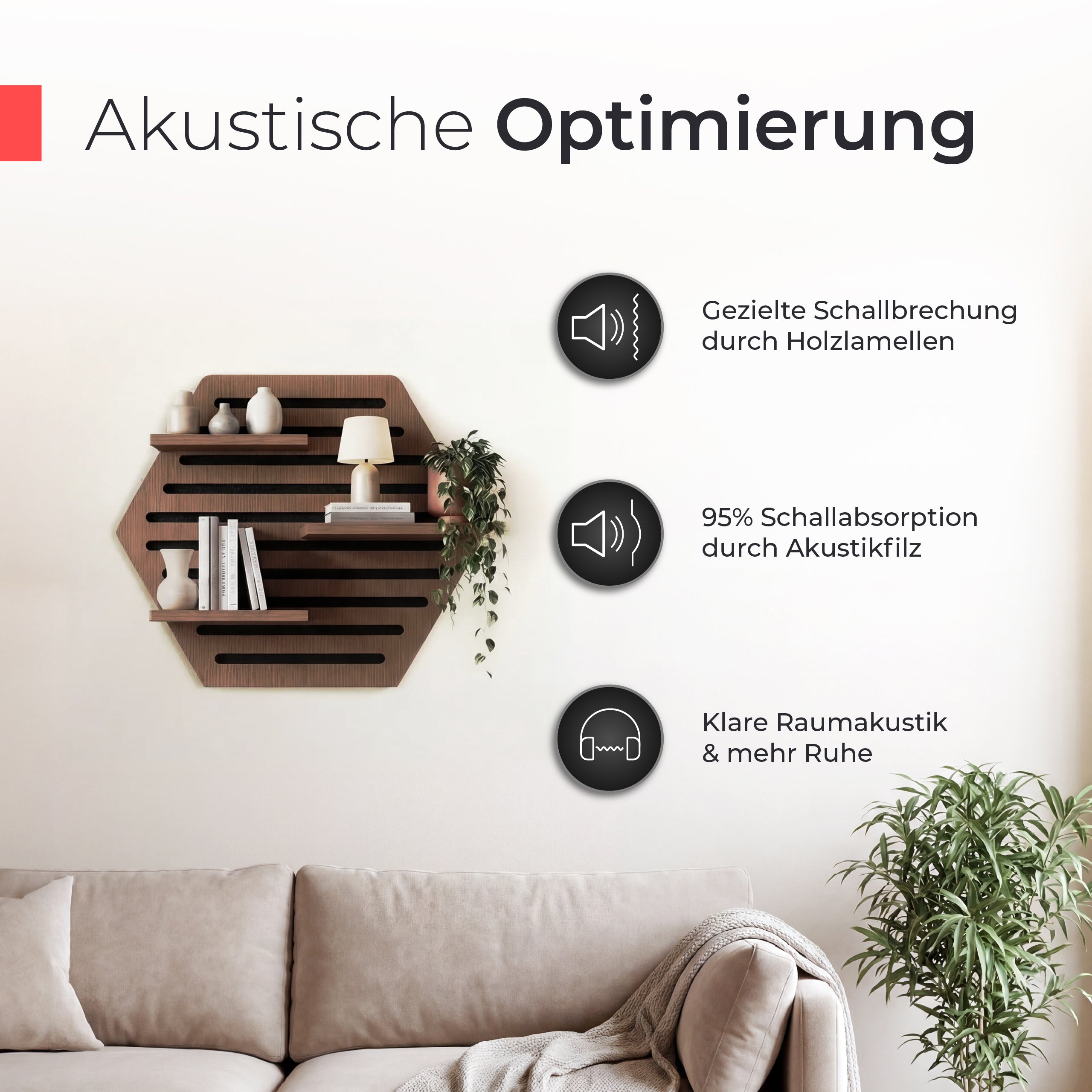 Akustikpaneel Wandregal  – Echtholz Walnuss & Akustikfilz Schwarz