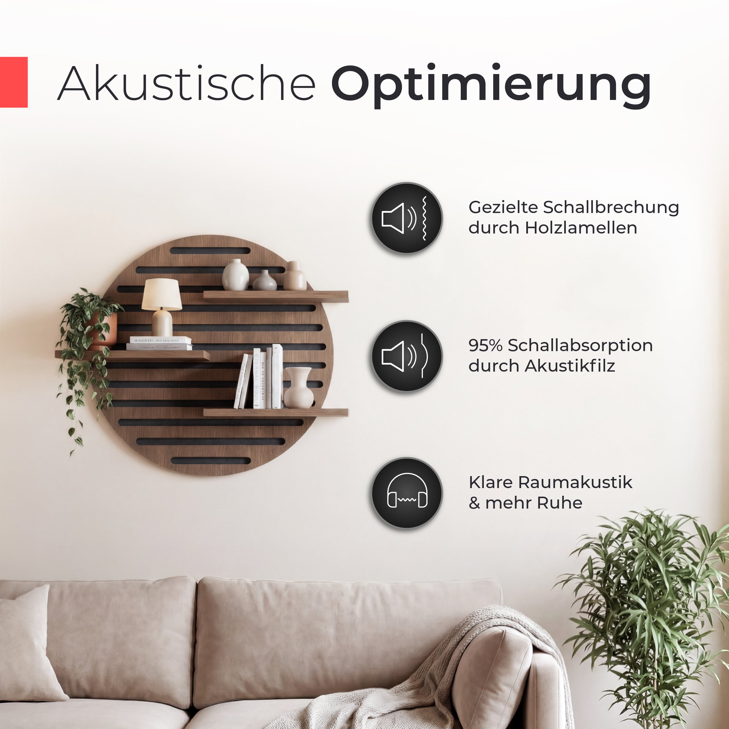 Akustikpaneel Wandregal  – Echtholz Walnuss & Akustikfilz Schwarz