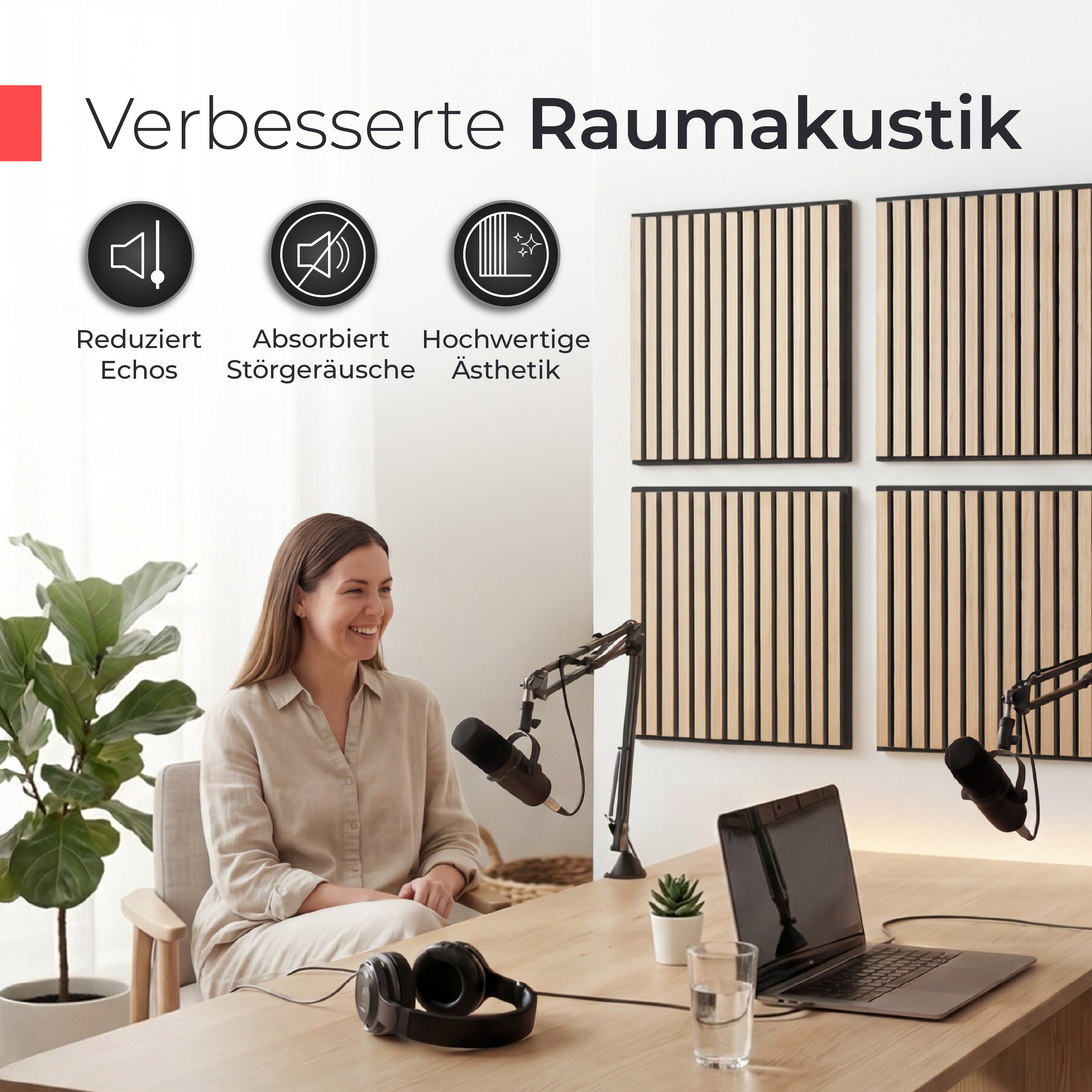 Akustikpaneele 60cm x 60cm – Echtholz Eiche & Akustikfilz Schwarz