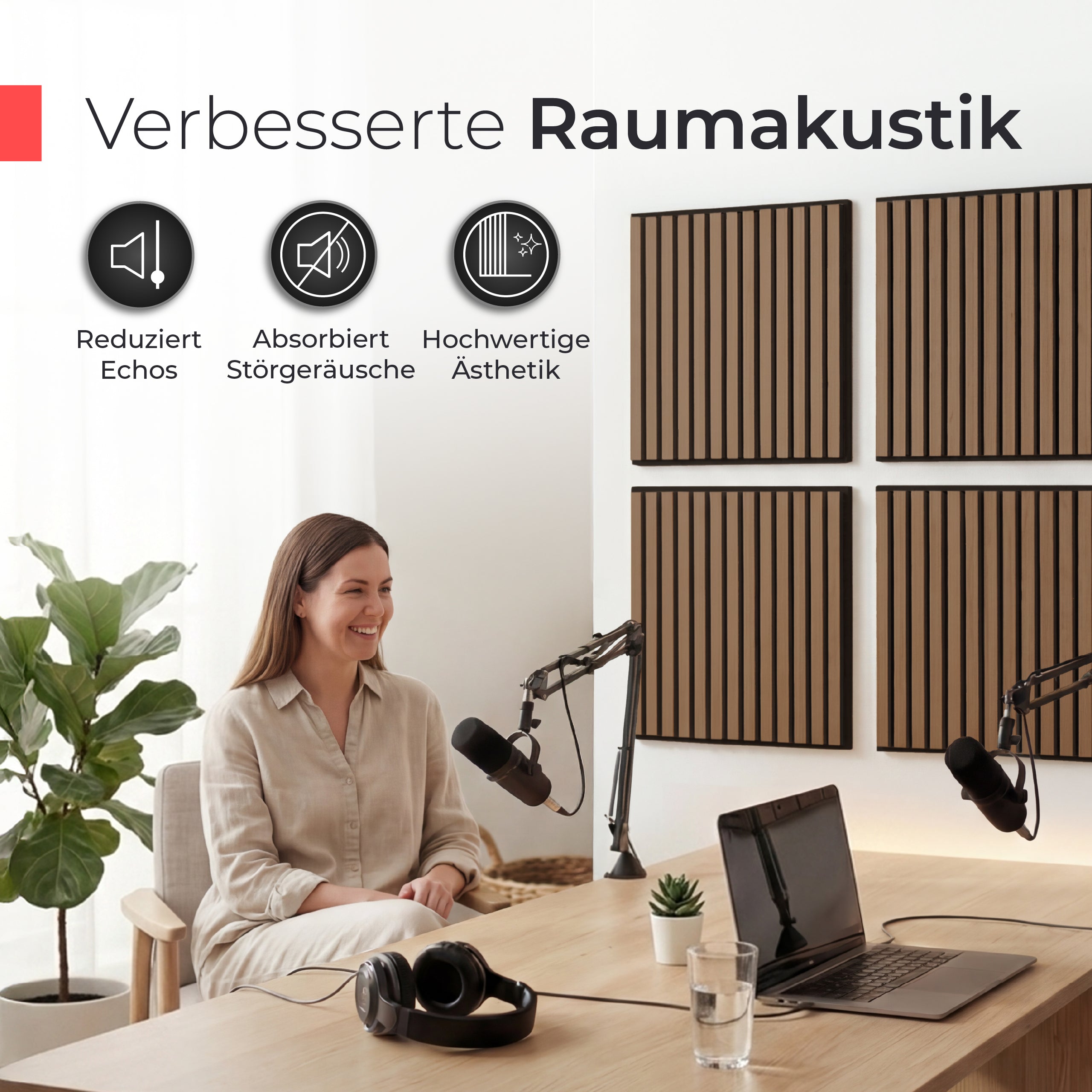Akustikpaneele 60cm x 60cm – Echtholz Walnuss & Akustikfilz Schwarz