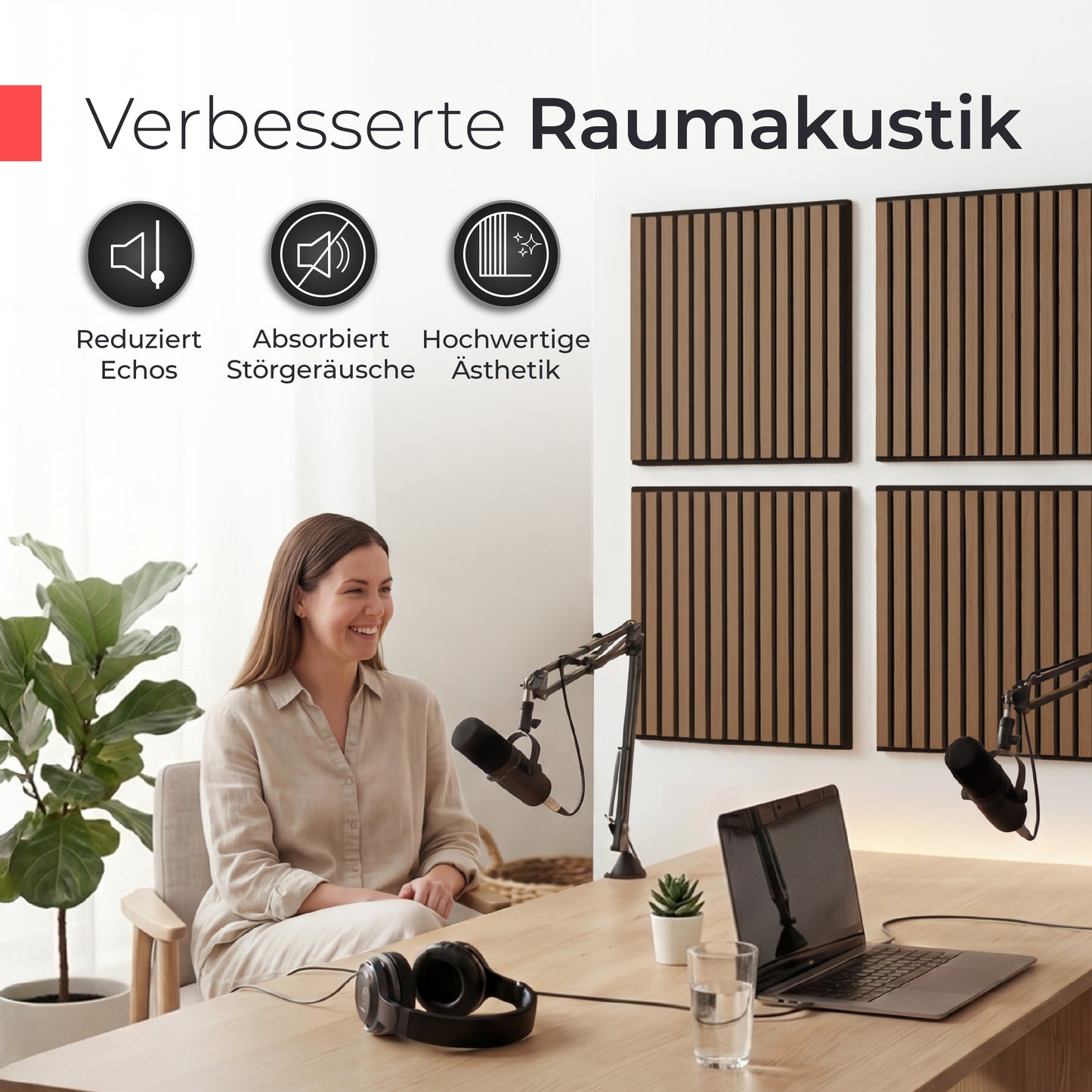Akustikpaneele 60cm x 60cm – Echtholz Walnuss & Akustikfilz Schwarz